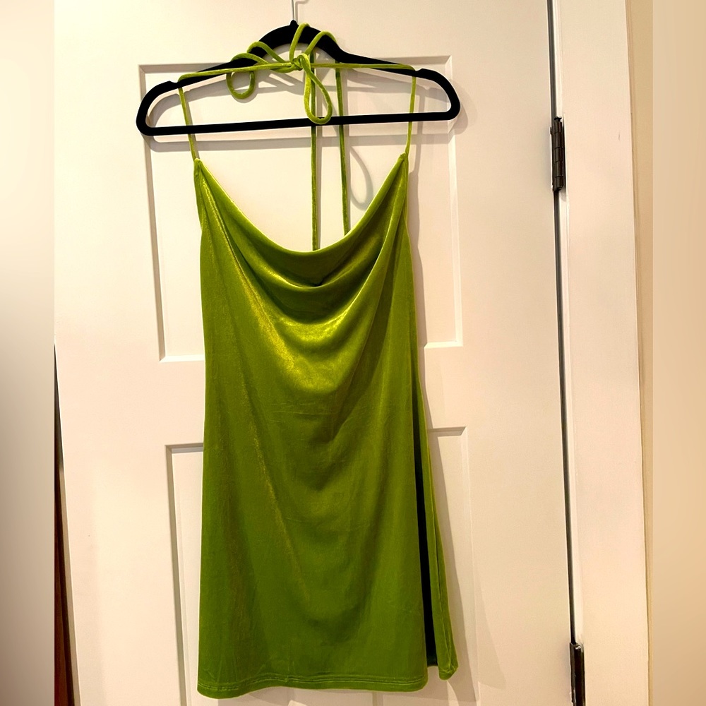 Green velvet mini dress